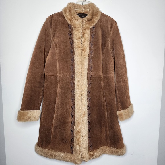Vtg Guess Embroidered Penny Lane Coat Suede Jacket Y2K Brown Fur Women's XL READ